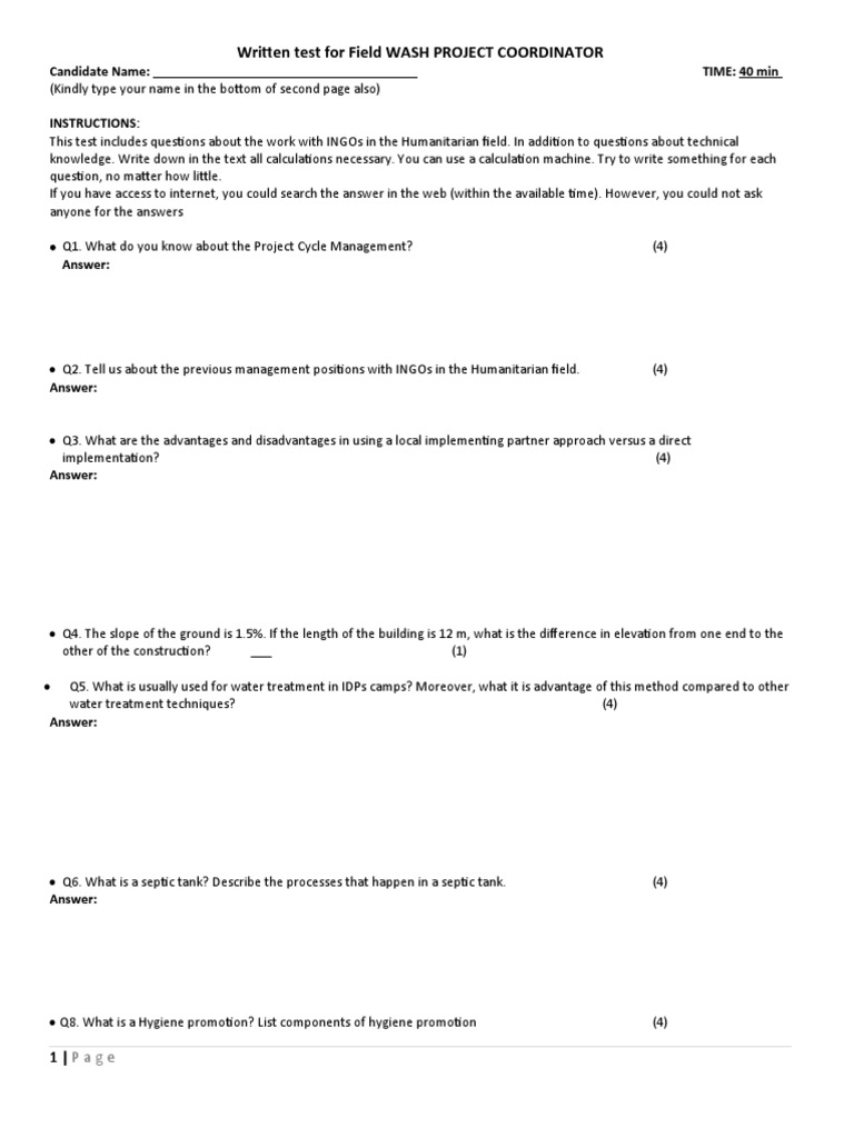 WASH Project Coordinator Test Guide | PDF | Technology & Engineering