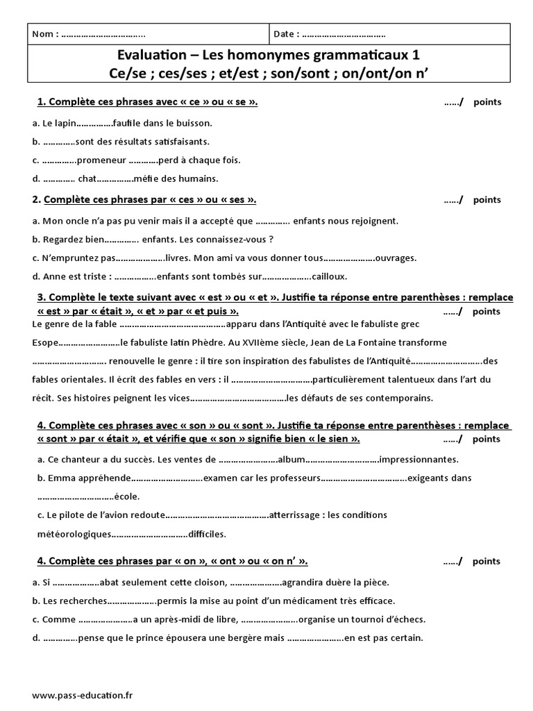 Exercice Homonyme Cm2 Avec Correction Homonymes Grammaticaux 6ème Evaluation | PDF