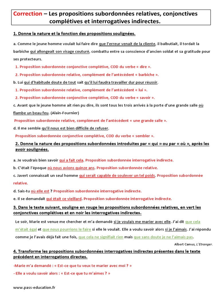 Exercices Sur Les Propositions Subordonnees Correction Propositions Subordonnées 4ème Contrôle | PDF | Clause | Syntaxe