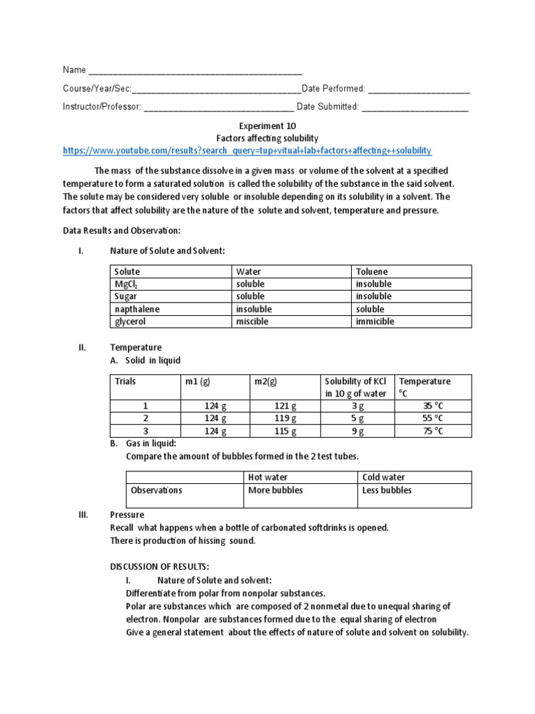 Factors Affecting Solubility Experiment | PDF | Solubility | Solution