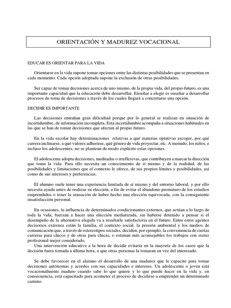 Orientación y Madurez Vocacional | PDF | Toma de decisiones | Conocimiento