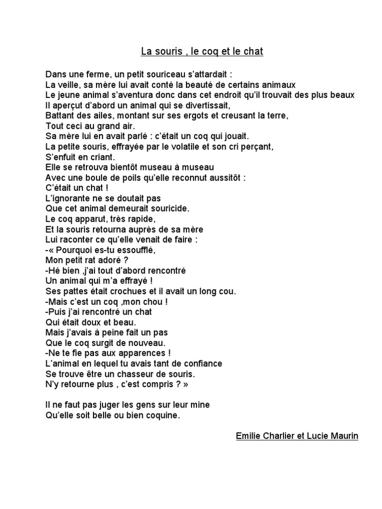 La Souris Le Coq Et Le Chat Fable Lucie Emilie