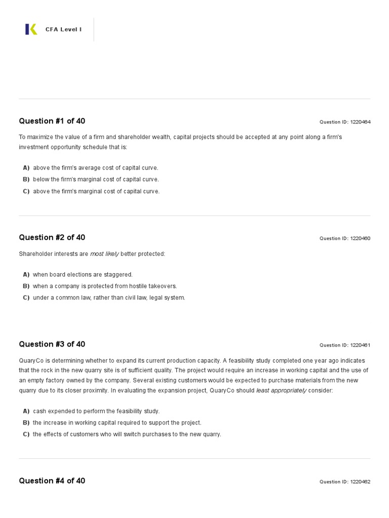 Preparing for the Level I CFA Exam: Sample Questions | PDF