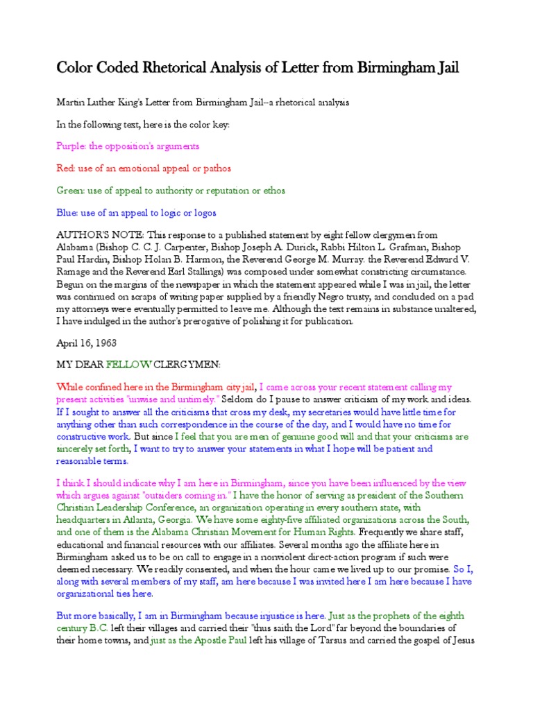 Color Coded Rhetorical Analysis Of Letter From Birmingham Jail PDF 