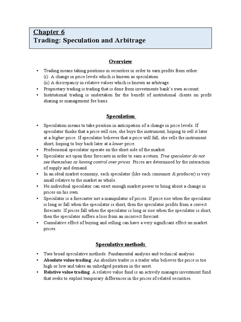 Chapter 6 Trading Speculation and Arbitrage PDF Arbitrage Speculation
