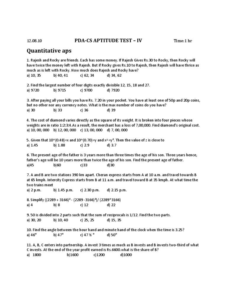 Quantitative Aps: Pda-Cs Aptitude Test - Iv | PDF | Money | Pointer ...