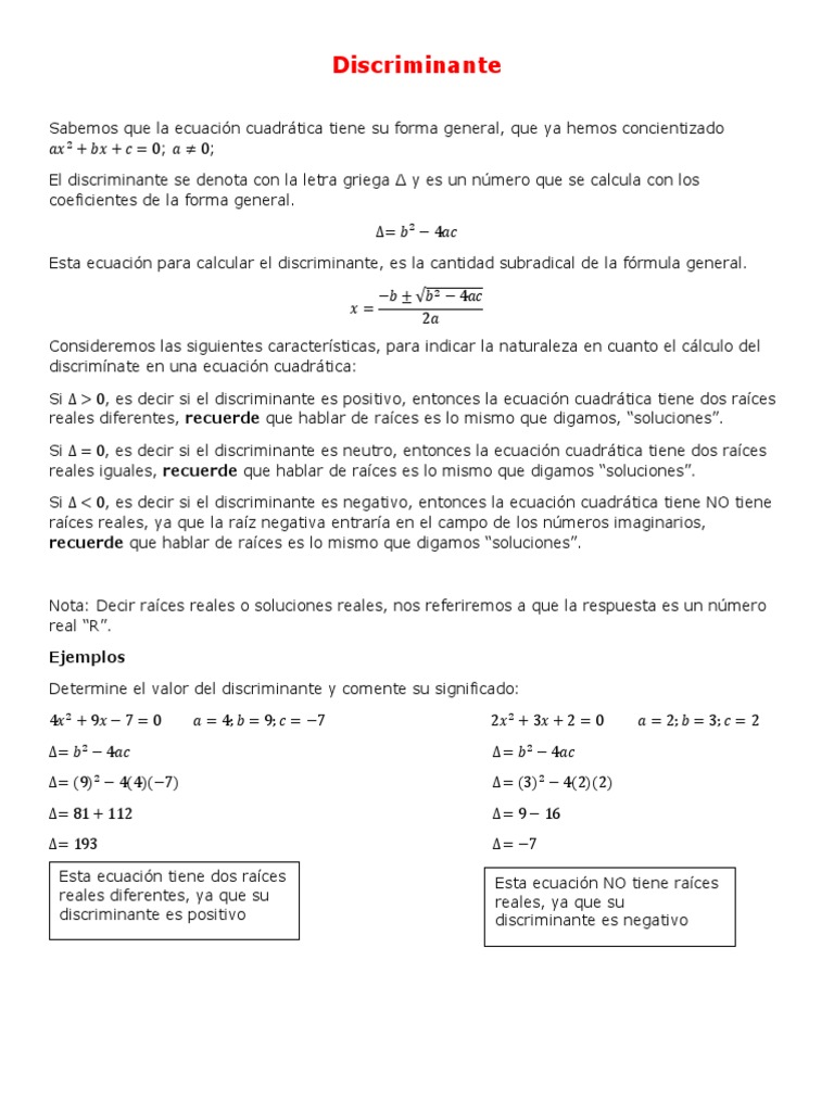 Discriminate Y Propiedades De Las Raices Pdf Ecuacion Cuadratica Algebra Abstracta