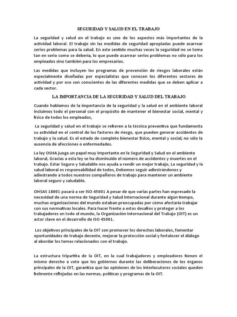 Seguridad y Salud en El Trabajo | PDF | Organización Internacional del ...