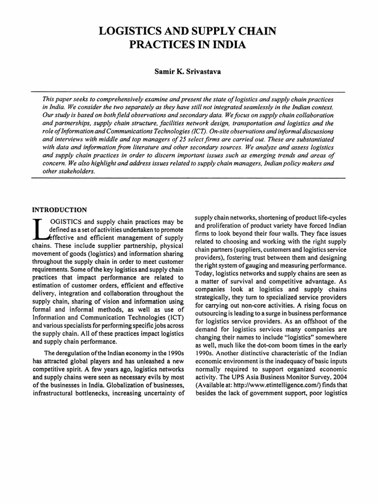Logistics and Supply Chain Practices in India: Samir K. Srivastava ...