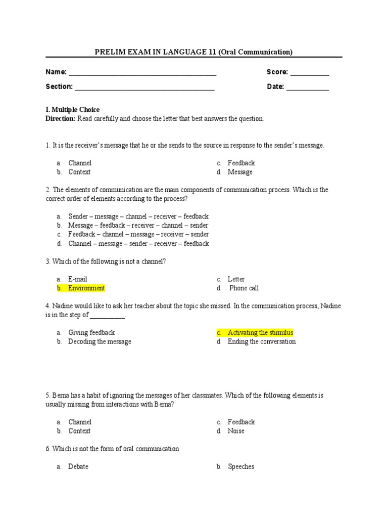 Grade 11 Oral Communication Exam Guide | PDF | Nonverbal Communication ...