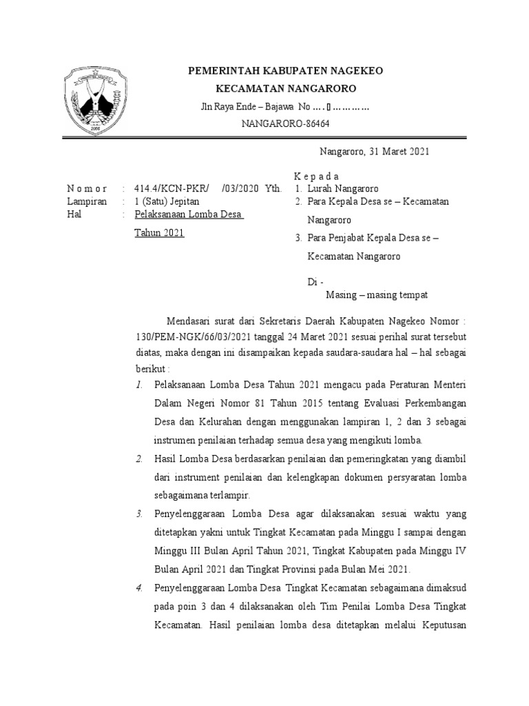 Surat Pemberitahuan Lomba Desa Ta 2021 Pdf