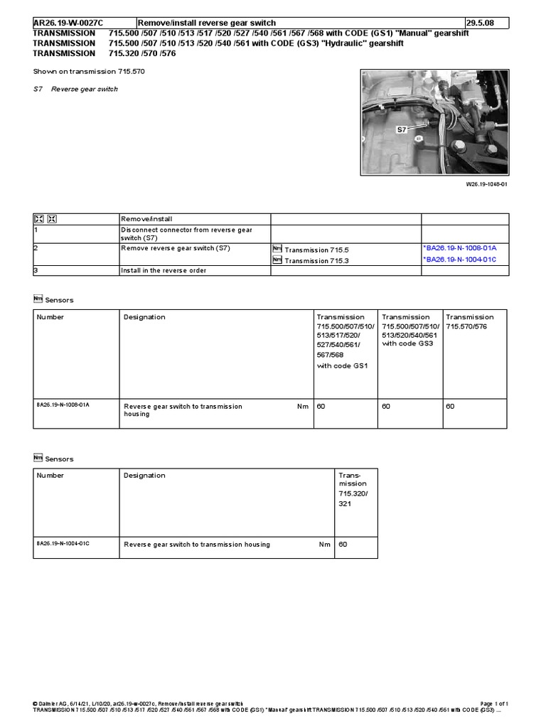 Reverse Gear Switch | PDF | Transmission (Mechanics) | Tools