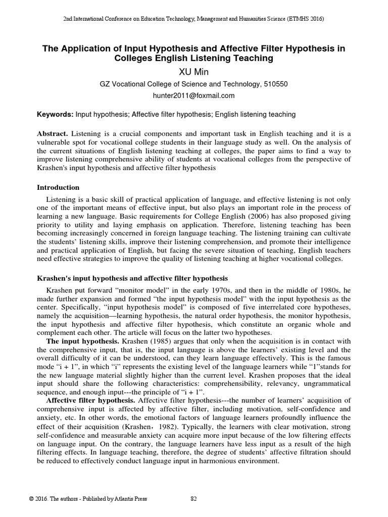 The Application of Input Hypothesis and Affective Filter Hypothesis in