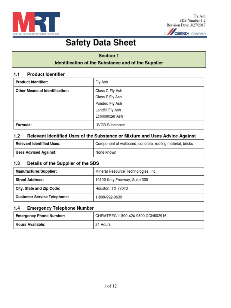 Fly Ash SDS PDF Toxicity Fly Ash