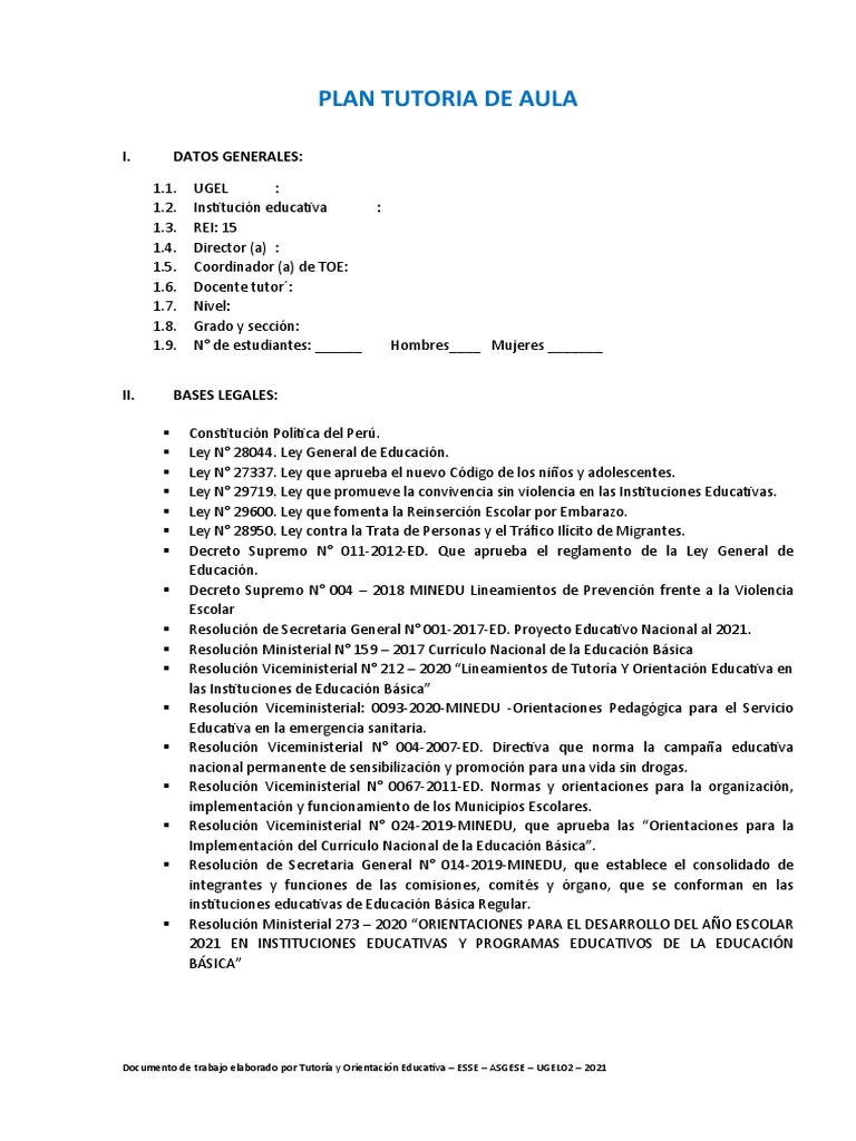 Plan Tutorial de Aula para Secundaria | PDF | Salón de clases ...