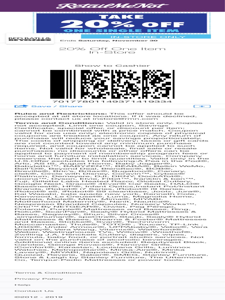Bed Bath & Beyond 20 Off One Item InStore PDF Coupon Companies