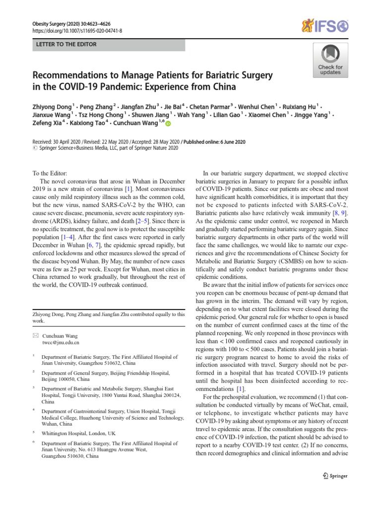 Bariatric Surgery Guidelines During COVID-19 | PDF | Infection | Surgery