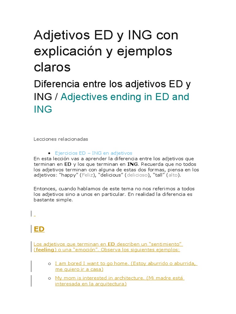Adjetivos ED y ING Con Explicación y Ejemplos Claros PDF Adjetivo Mecánica del lenguaje