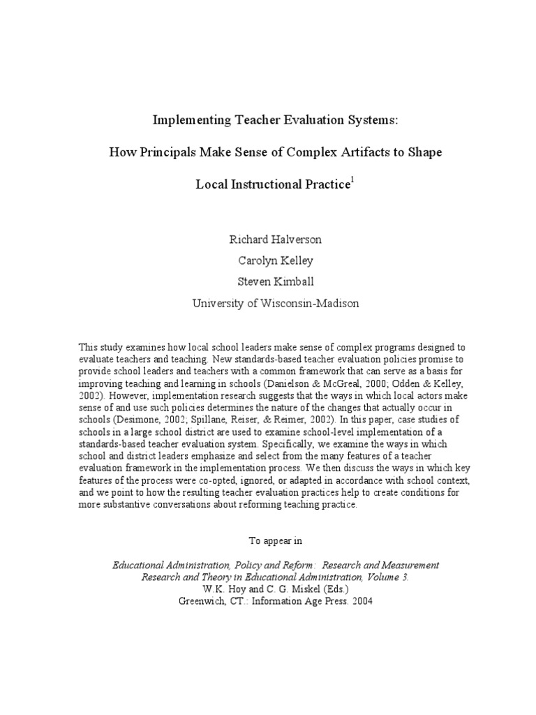 Implementing Teacher Evaluation Systems: How Principals Make Sense of ...