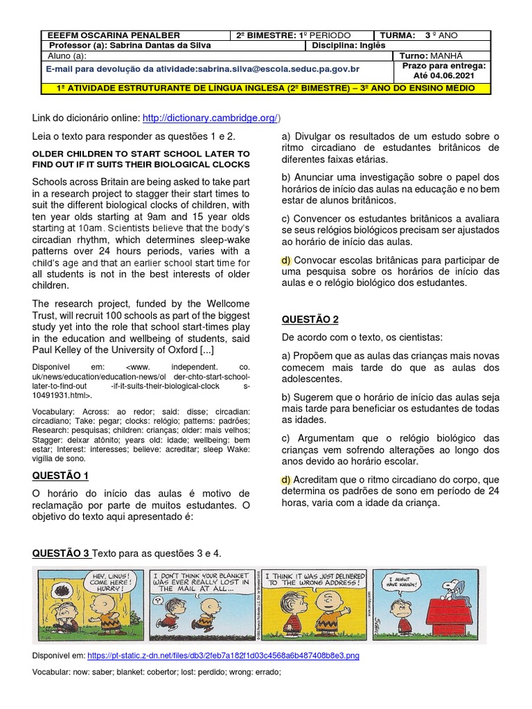 1 Atividade 2ºº Bimestre de Inglês 3º Ano | PDF | Escolas de Ensino ...