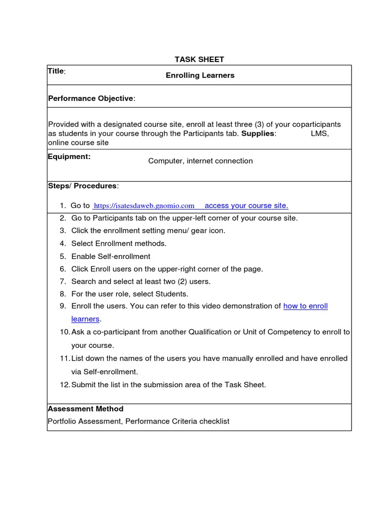 1 Task Sheet - Enrolling Learners | PDF