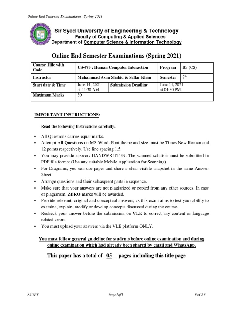 Spring 2021 Online Exam Guidelines for CS-475 | PDF | Usability | Test ...