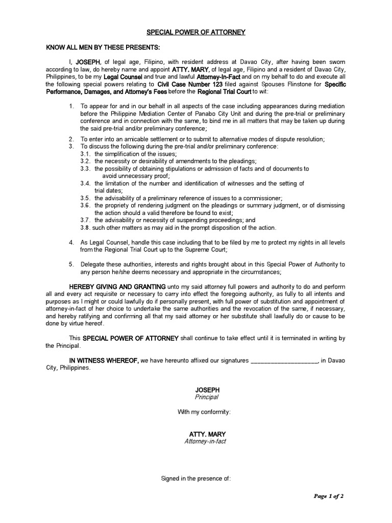 Special Power of Attorney Document | PDF | Power Of Attorney | Mediation