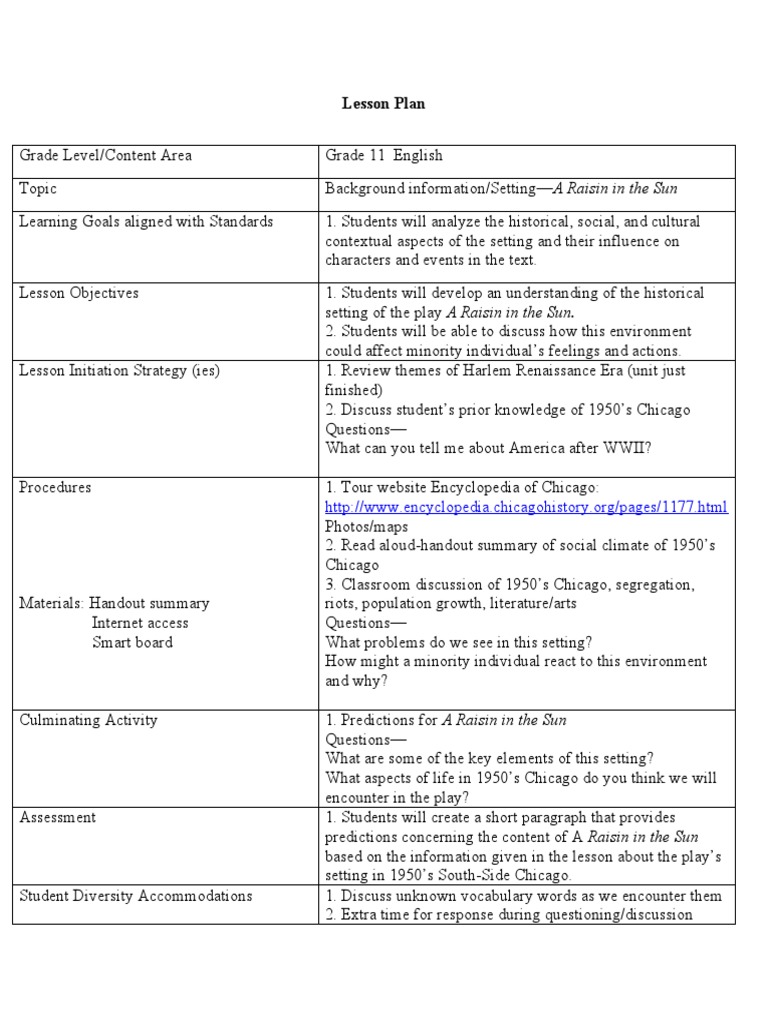 A Raisin in The Sun Lesson Download Free PDF Lesson Plan Behavior