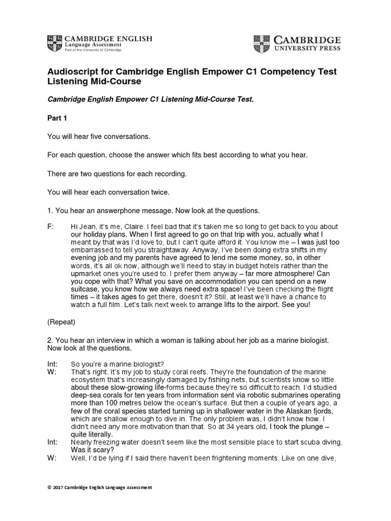 Audioscript For Cambridge English Empower C1 Competency Test Listening