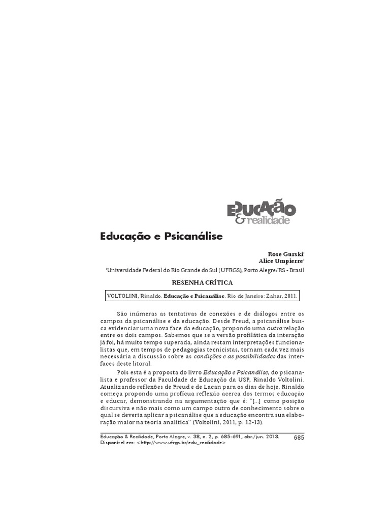 Educação Psicanalise Resenha | PDF | Psicanálise | Jacques Lacan