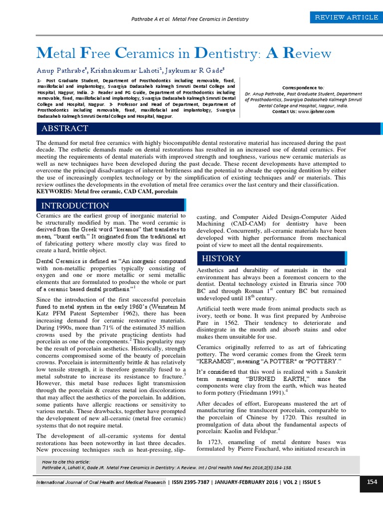 Metal Free Ceramics in Dentistry | PDF | Ceramics | Aluminium Oxide