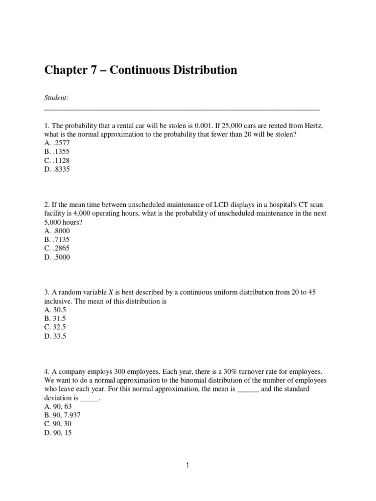 Continuous Probability Distributions Quiz | PDF | Normal Distribution ...