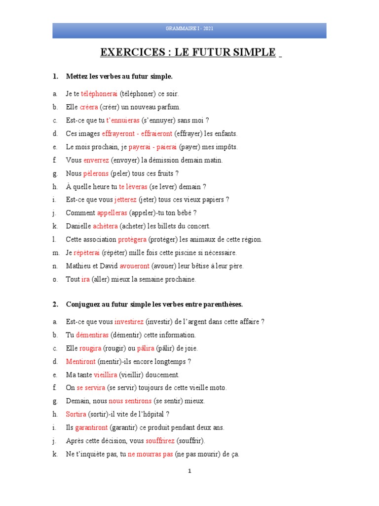 Le futur simple exercices pdf