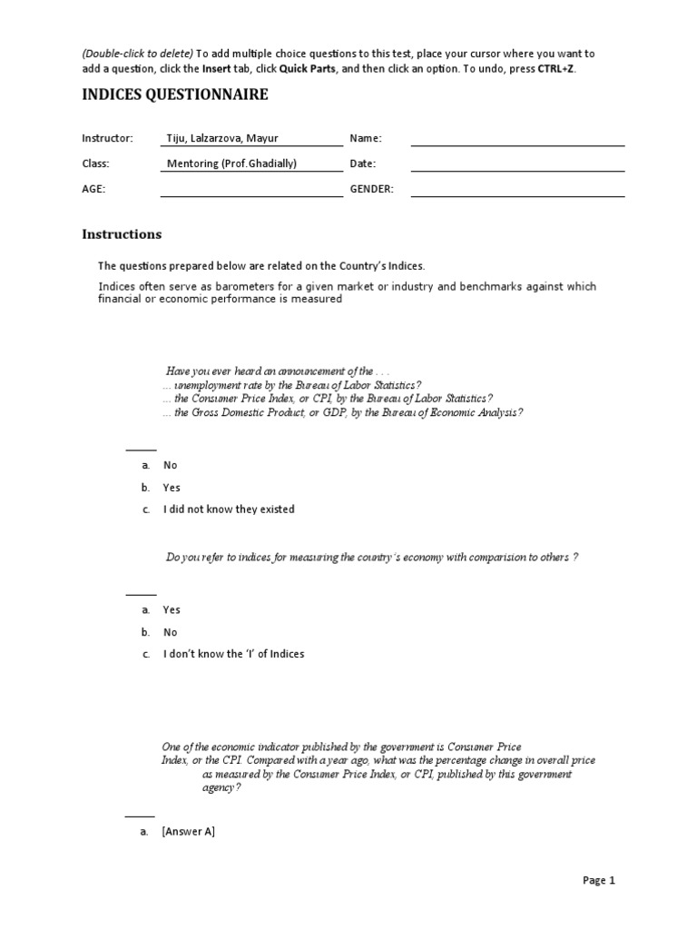 Indices Questionnaire: Instructions | PDF | Index (Economics) | Gross ...
