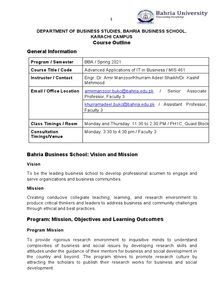 MIS 461 Course Outline - BBA Program | PDF | Economies | Business