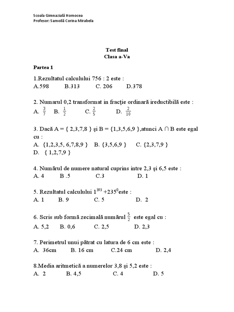 Test Final - Docx Clasa A V A | PDF