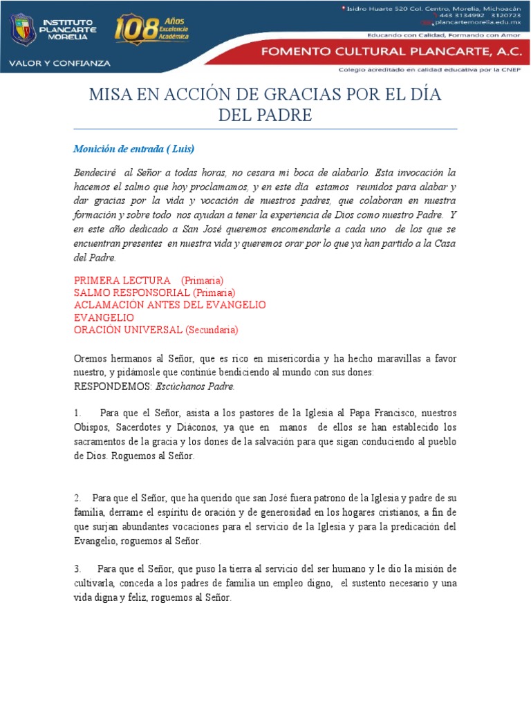 Misa en Acción de Gracias Por El Día Del Padre | PDF | Misa (liturgia ...