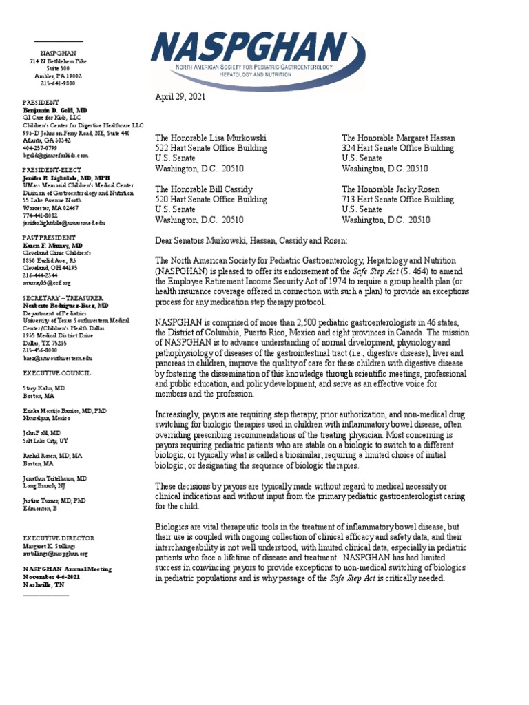 NASPGHAN Senate Safe Step Act Endorsement 4. 2021 PDF Biopharmaceutical Therapy