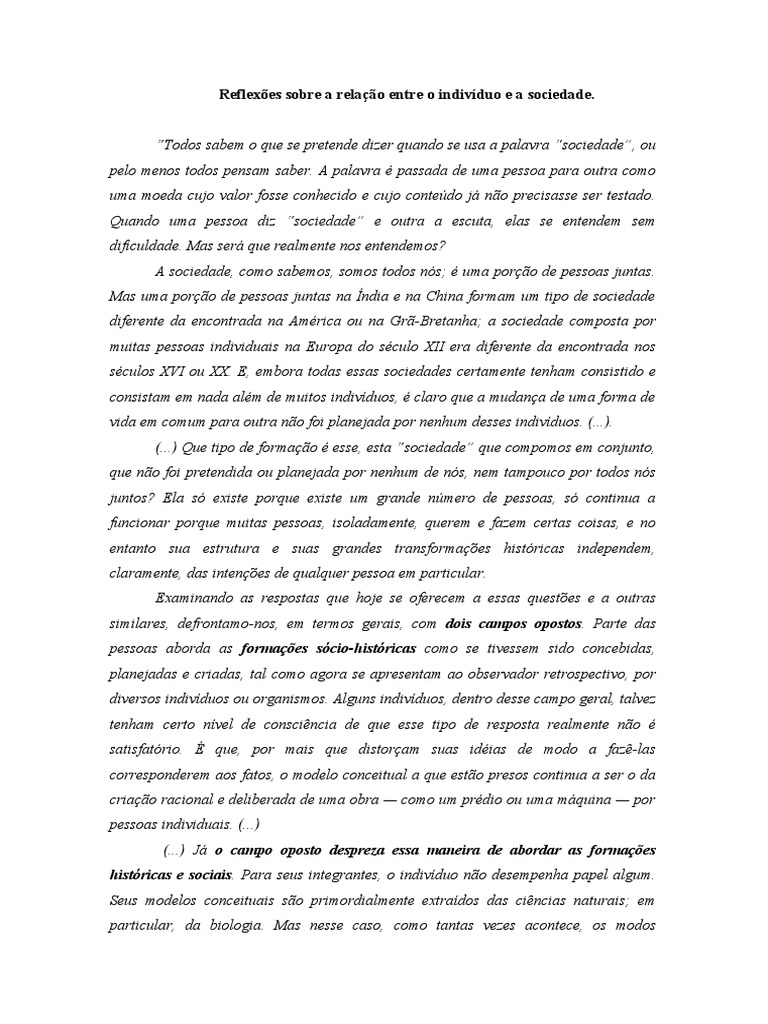 Indivíduo e Sociedade: Reflexões e Relações | PDF | Sociedade | Émile ...