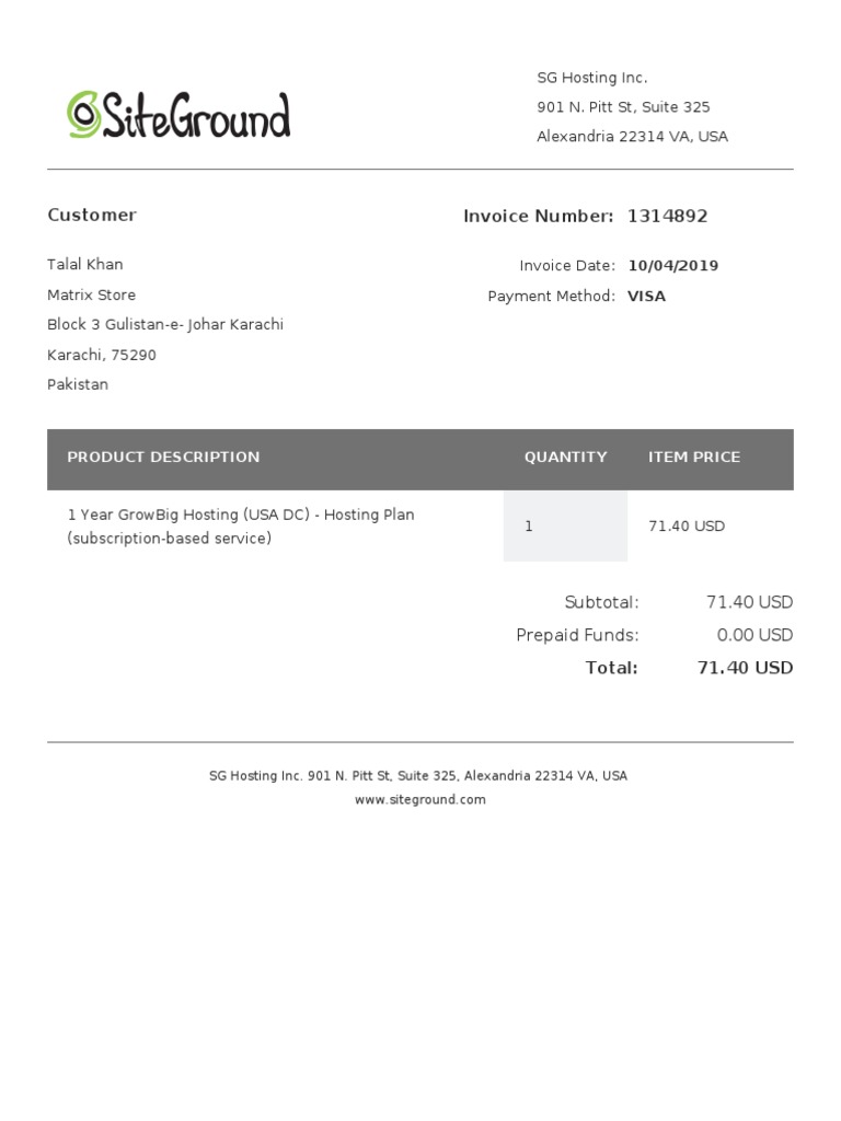 SiteGround Hosting Invoice 1314892 | PDF