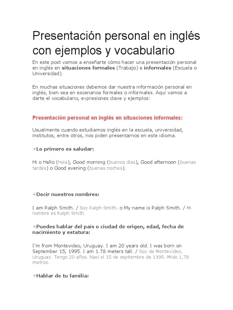 Presentación Personal en Inglés Con Ejemplos y Vocabulario PDF