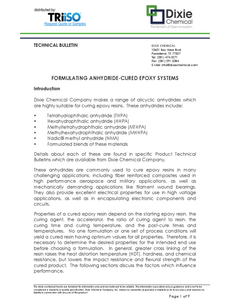 Formulating Anhydride Cured Epoxy Systems Technical Bulletin Pdf