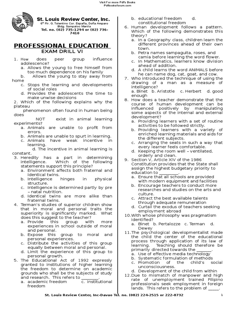 Professional Education Exam Drill VI | PDF | Teachers | Classroom