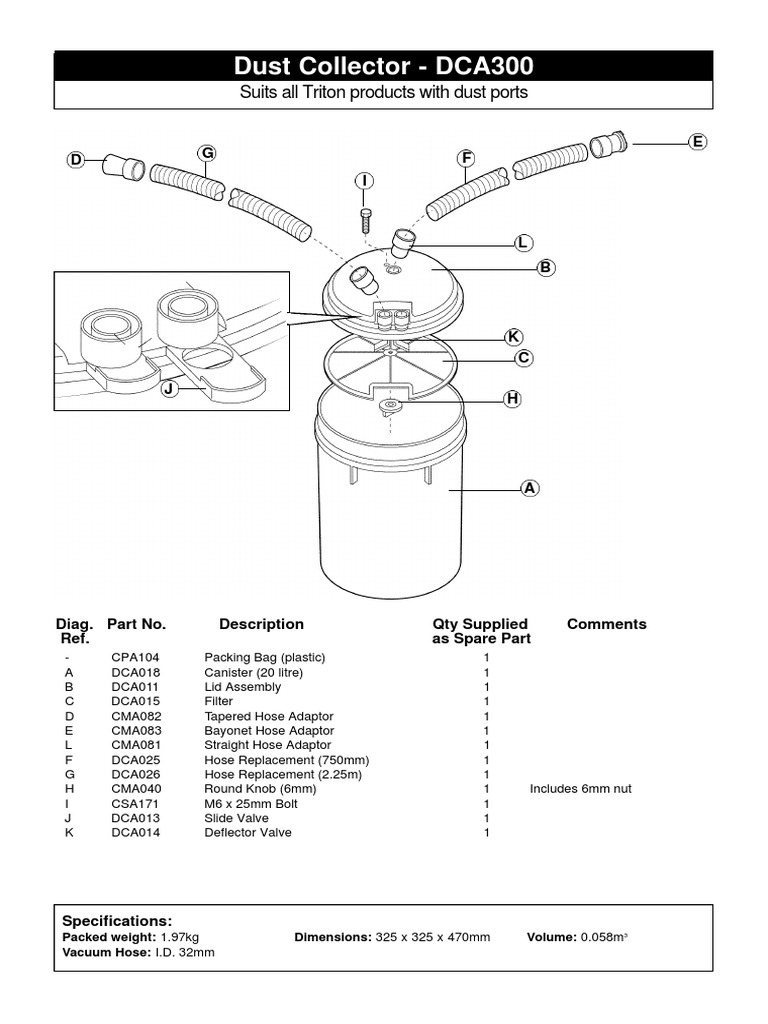 Dust Collector DCA300 Suits All Triton Products With Dust Ports PDF