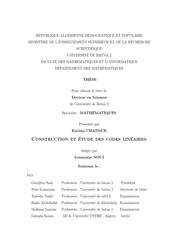 CHATOUH Karima - Codes Linéaires | PDF | Espace vectoriel | Base ...