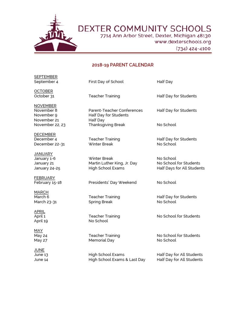 20182019 Dexter School Calendar PDF