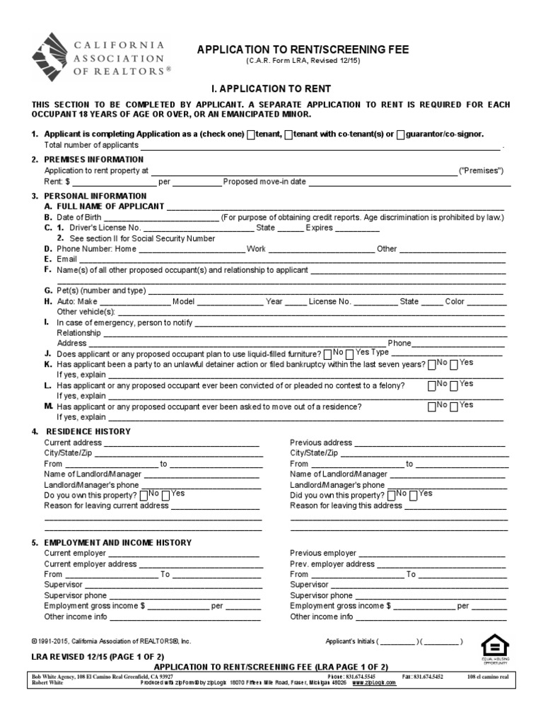 Application To Rent/Screening Fee | PDF | National Association Of ...