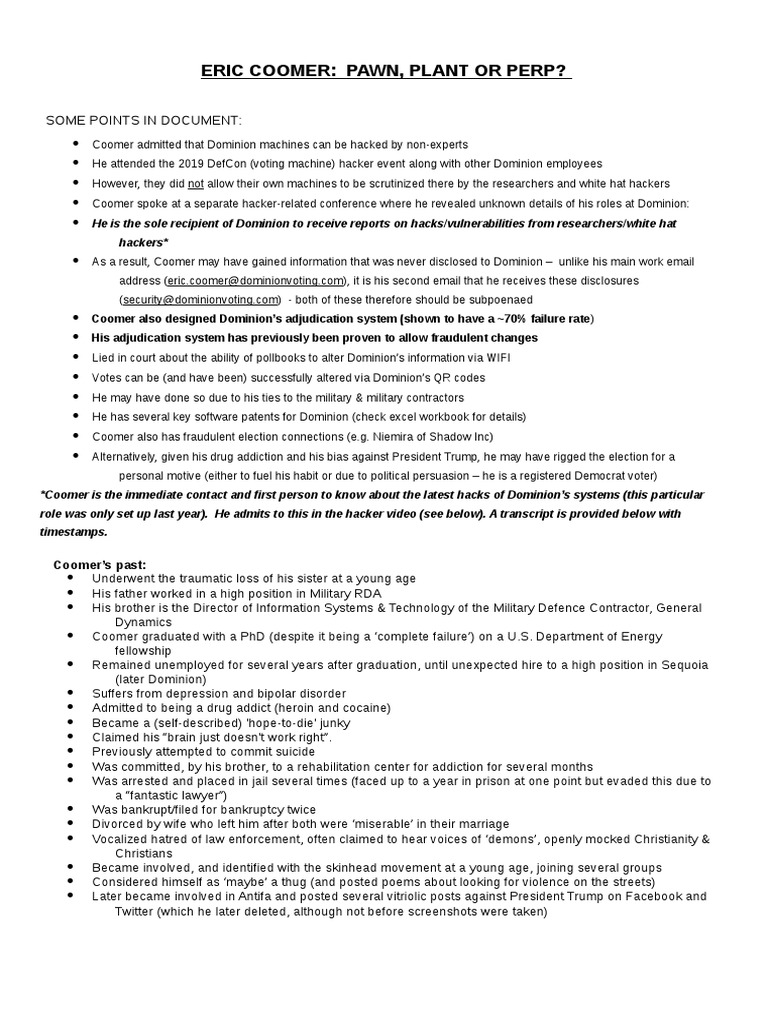 Eric Coomer: Pawn, Plant or Perp? | PDF | Vulnerability (Computing) |  Security Hacker