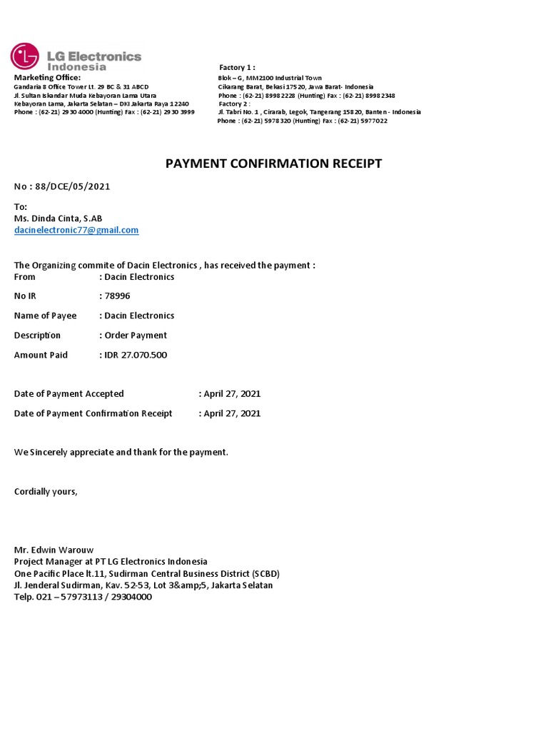 LG Electronics Payment Confirmation | PDF | Indonesian Rupiah | Payments