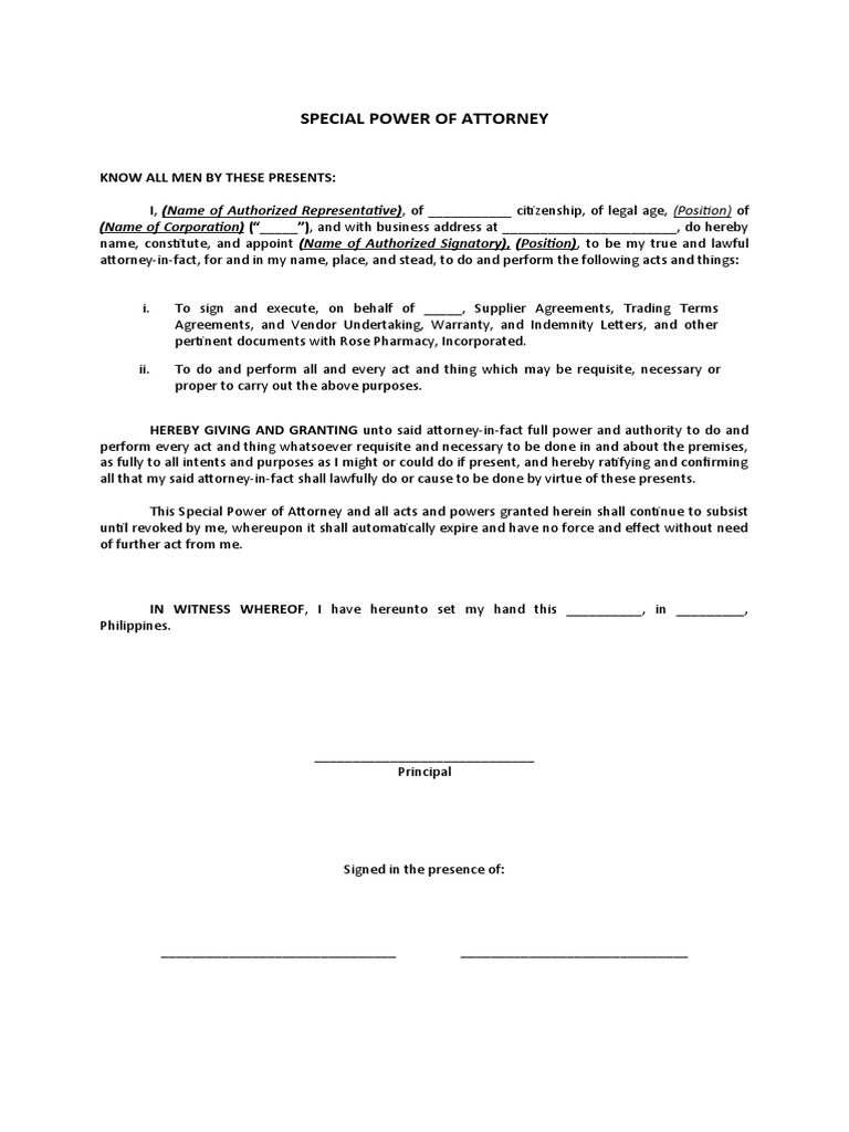 2017SPA Sample Format 062017 | PDF | Power Of Attorney | Signature